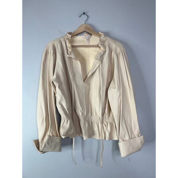 NEW Rebecca Taylor Long Sleeve Straw Smocked Waist Leather Blouse Top Cream - Picture 2 of 7
